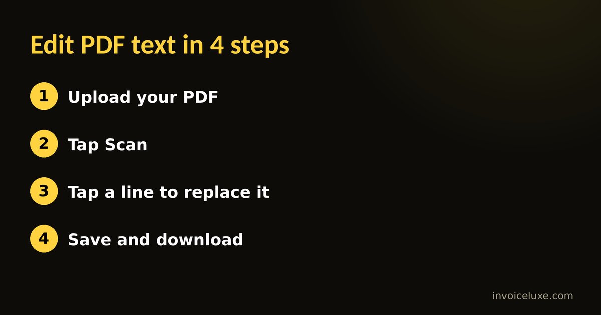 Four steps to edit PDF text: upload, scan, tap a line, replace