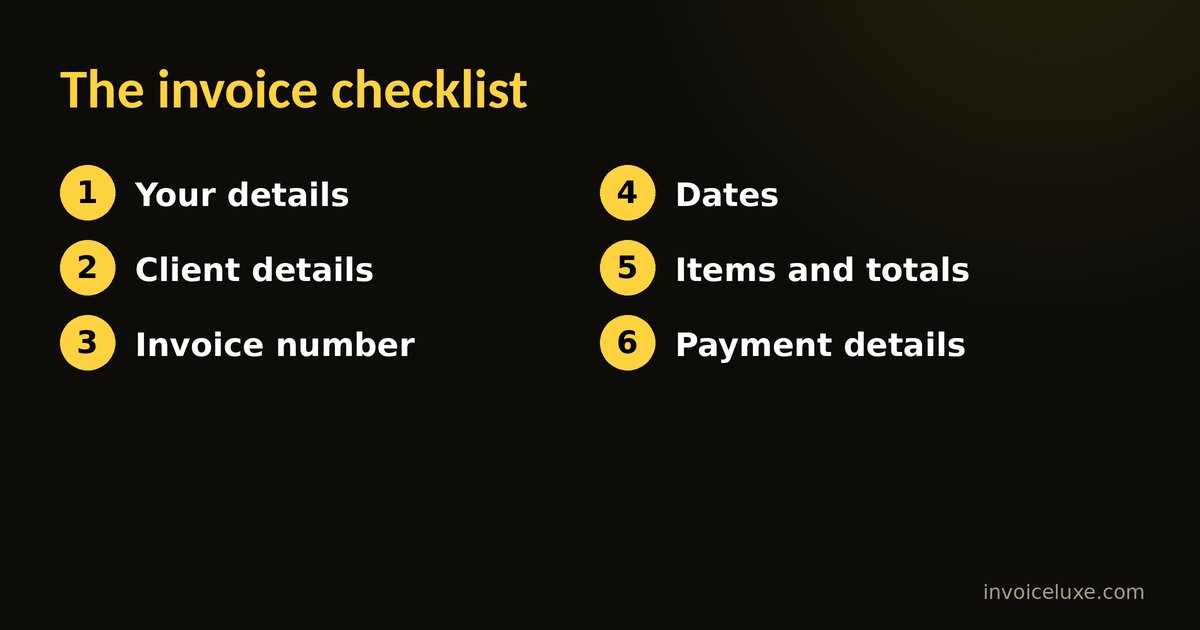 The invoice checklist: details, number, dates, items, totals and payment info