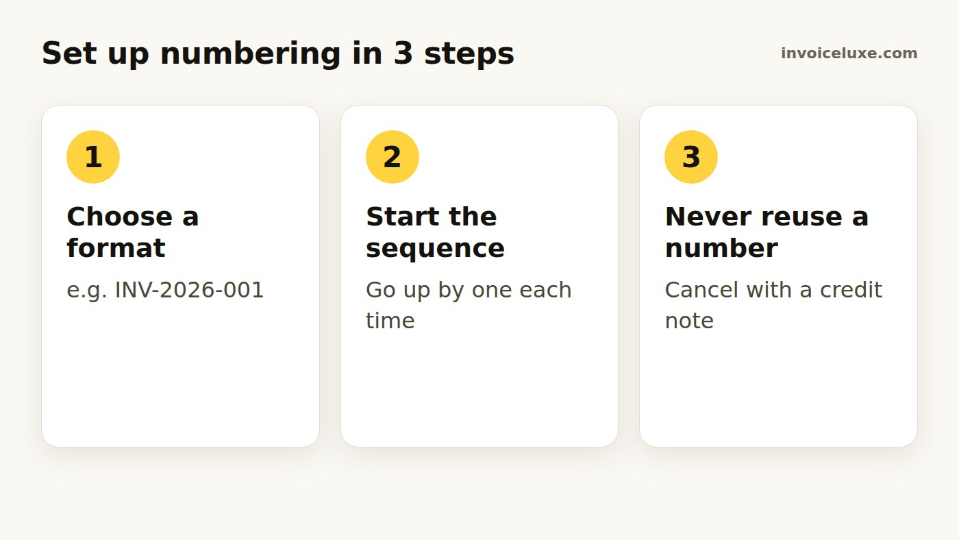 Three steps: choose a format, start the sequence, never reuse a number
