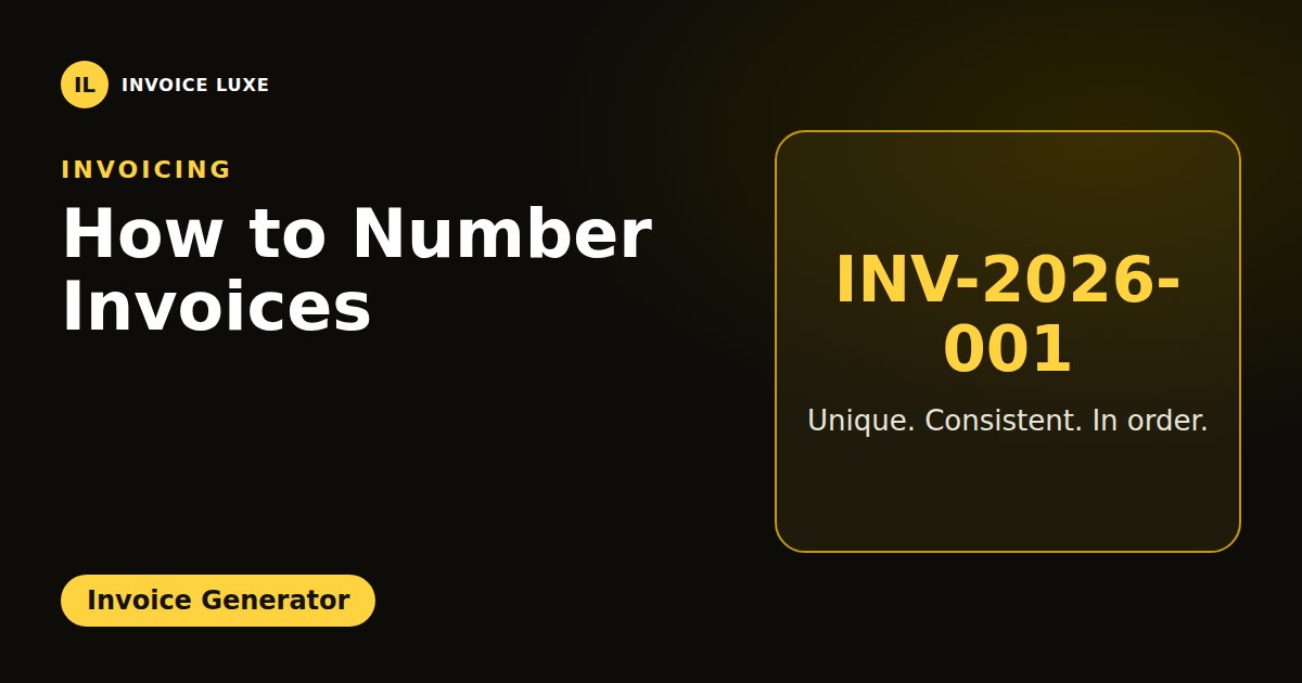 Three invoice number formats: simple sequence 0001, year based INV-2026-001, and client based ACME-001