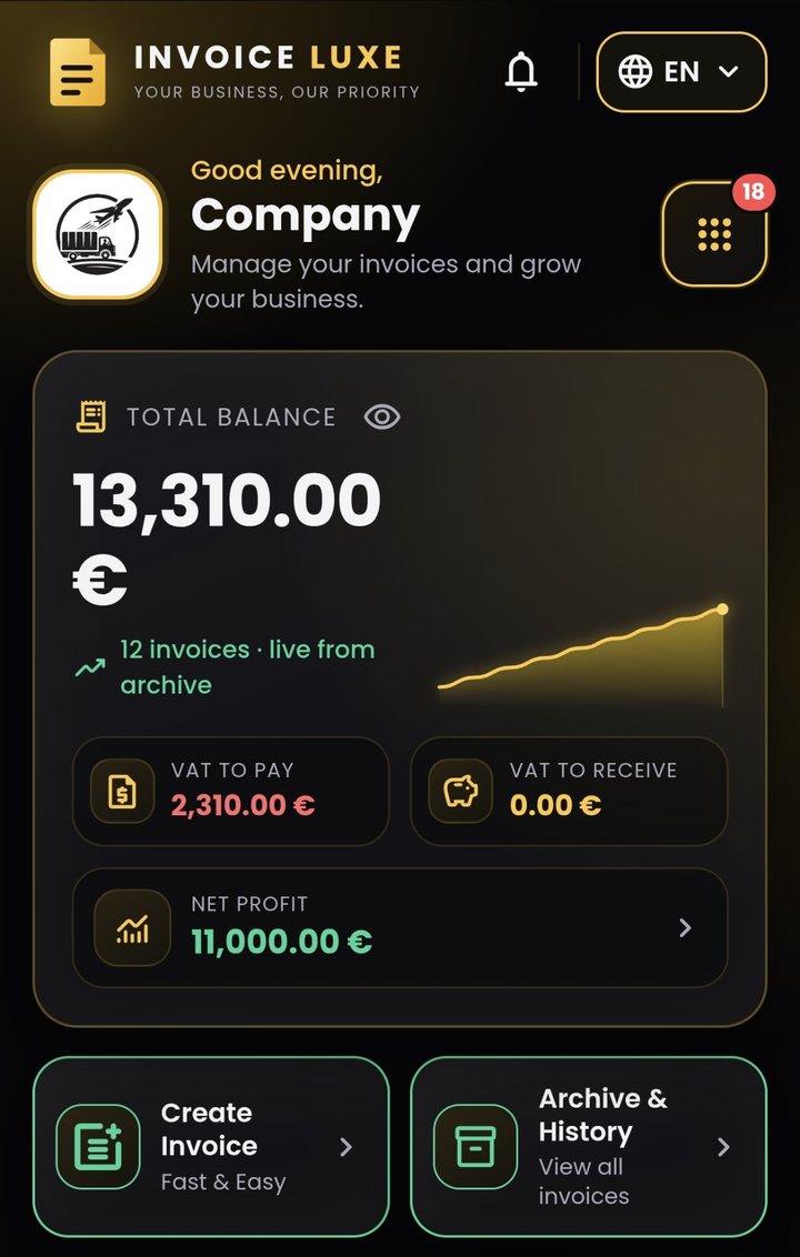 The Invoice Luxe dashboard with the Create Invoice shortcut