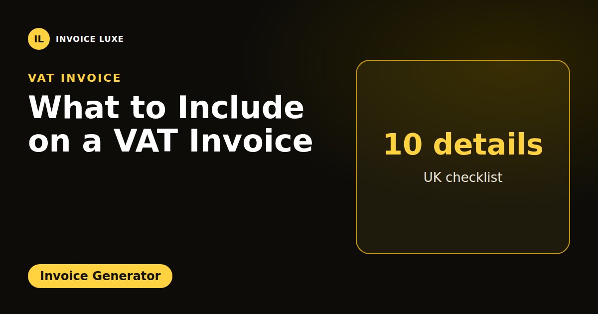 UK VAT invoice checklist: sequential number, VAT number, date, customer details, VAT rate, net, VAT and gross totals